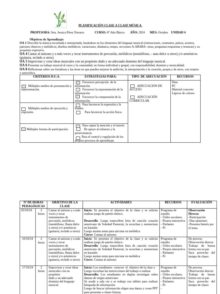 Planificación Música Octubre | PDF | Ritmo | Melodía