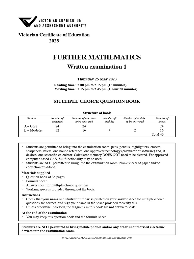 Vcaa FM NHT Vce Exam 1 2023 | PDF | Matrix (Mathematics) | Seasonality