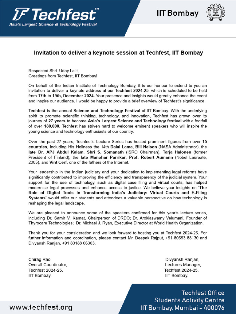 Keynote Invitation for Techfest 2024-25 | PDF