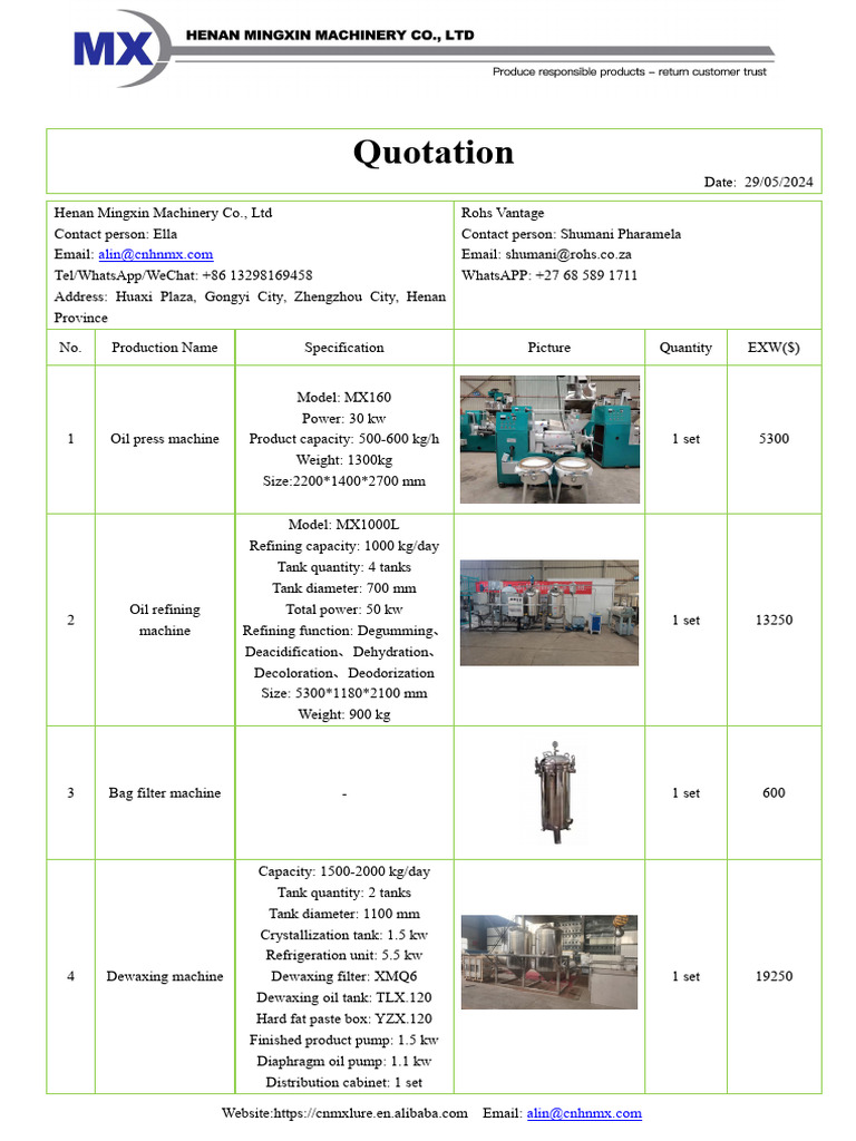 Machinery Quotation and Warranty Details | PDF