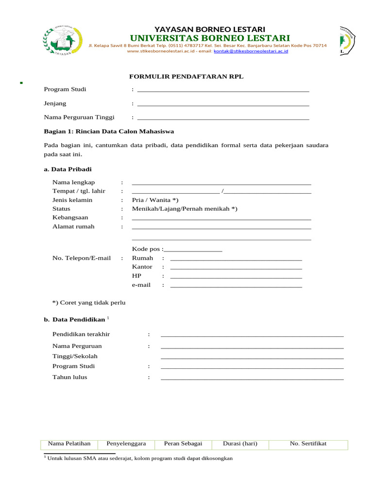 Form 01-Formulir Pendaftaran RPL | PDF