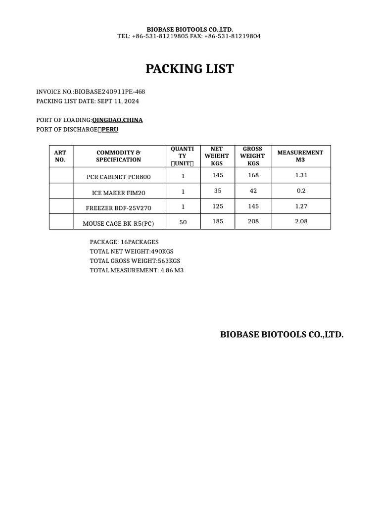Packing List: BIOBASE240911 | PDF | Technology & Engineering