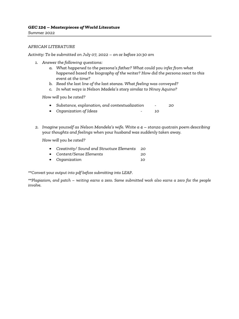 African Literature Activity For The Day | PDF