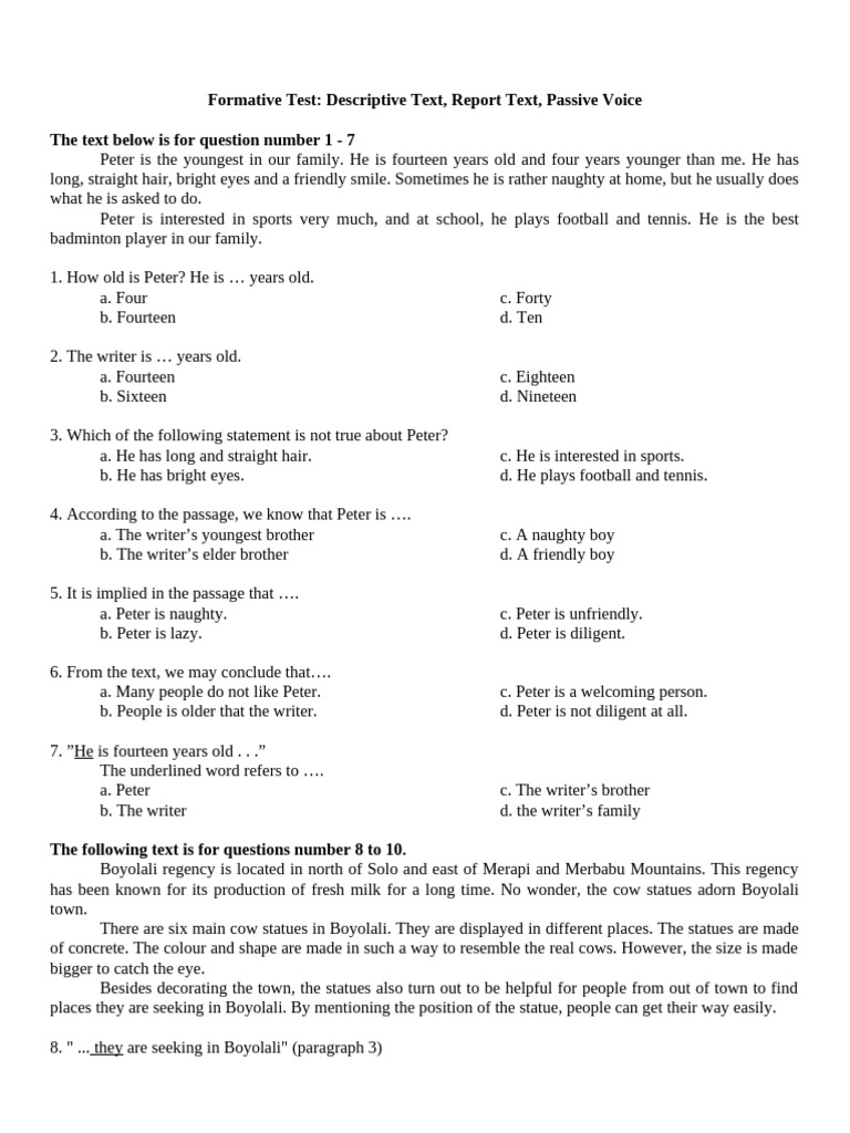 Formative Test: Descriptive & Report Texts | PDF | Giraffe | Elephant