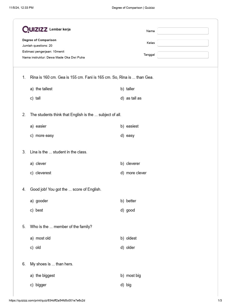 DEGREE OF COMPARISON MCQ QUESTIONS visual data 8