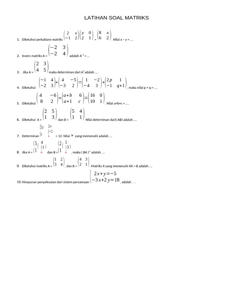 Latihan Soal Matriks dan Penyelesaiannya | PDF