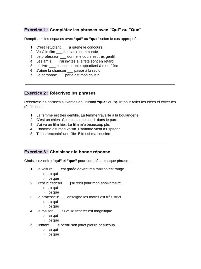 Exercices sur les pronoms relatifs "qui" et "que" | PDF | Arts du ...
