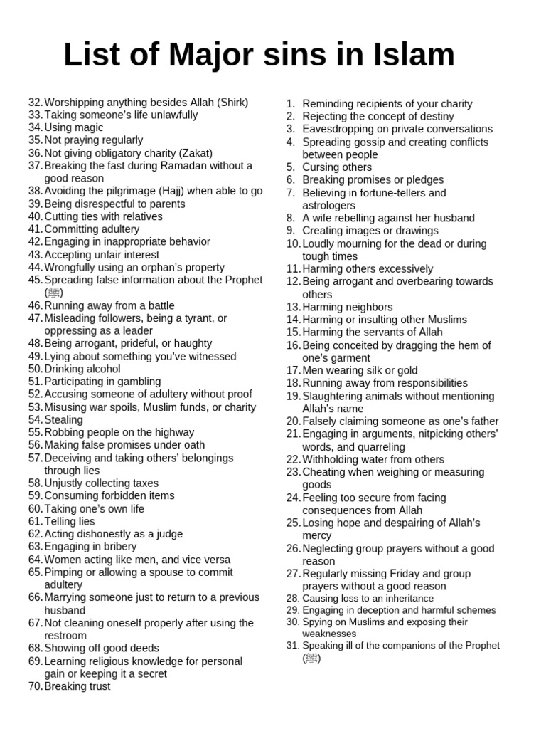 Major Sins in Islam: A Comprehensive List | PDF | Hajj | Adultery