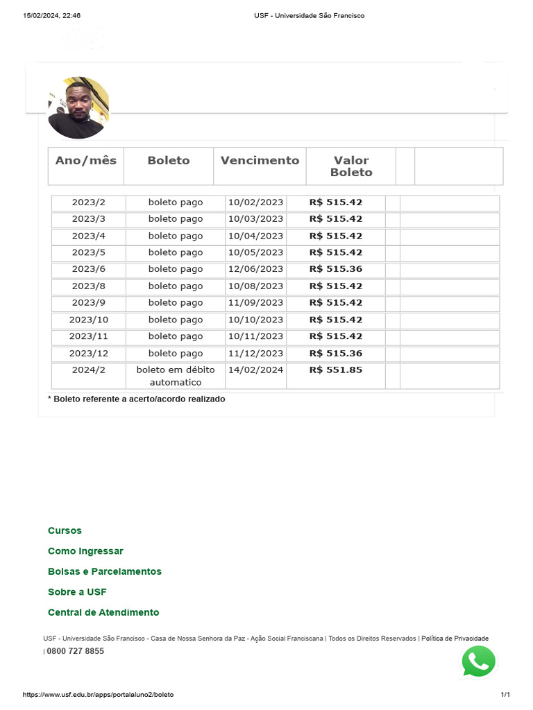 Boleto Mensal USF: Pagamentos 2023-2024 | PDF
