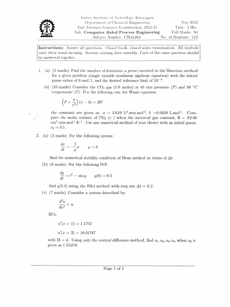 CH31203 Computer Aided Process Engineering EA 2022 | PDF