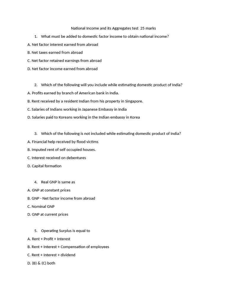 National Income Test Questions for Class 12 | PDF | Gross Domestic ...