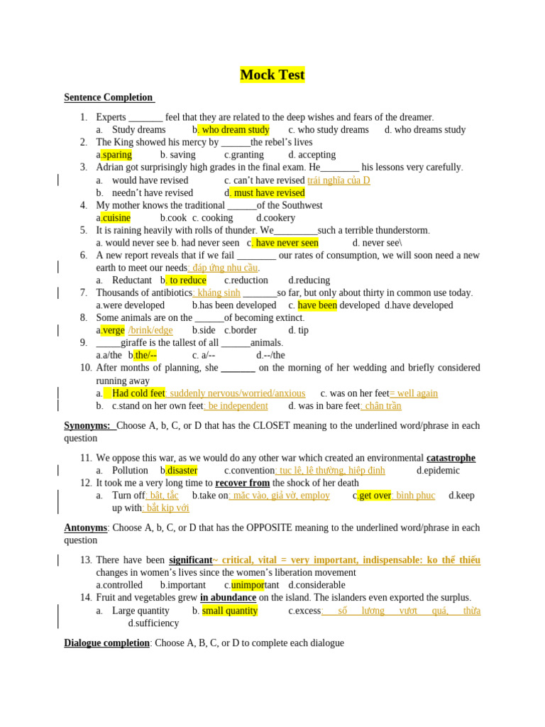 Sentence Completion Mock Test | PDF | Vietnam | Gender Equality