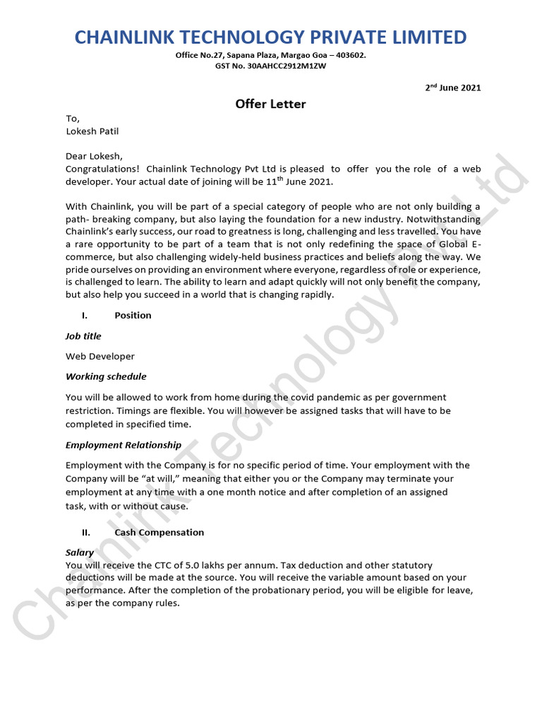 Job Offer for Web Developer at Chainlink | PDF | Non Disclosure ...