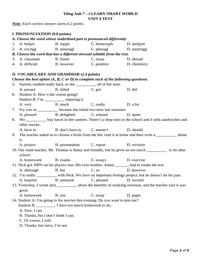 A1 Level English Test - Unit 6 | PDF | International Student