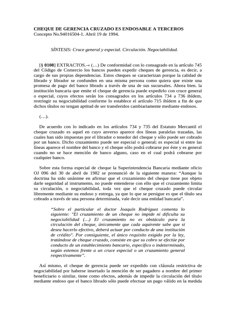 Cheque de Gerencia Cruzado Es Endosable A Terceros | PDF | Cheque | Bancos