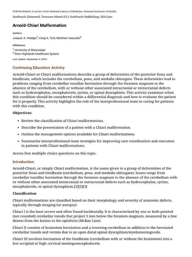 Arnold-Chiari Malformation Overview | PDF | Nervous System ...