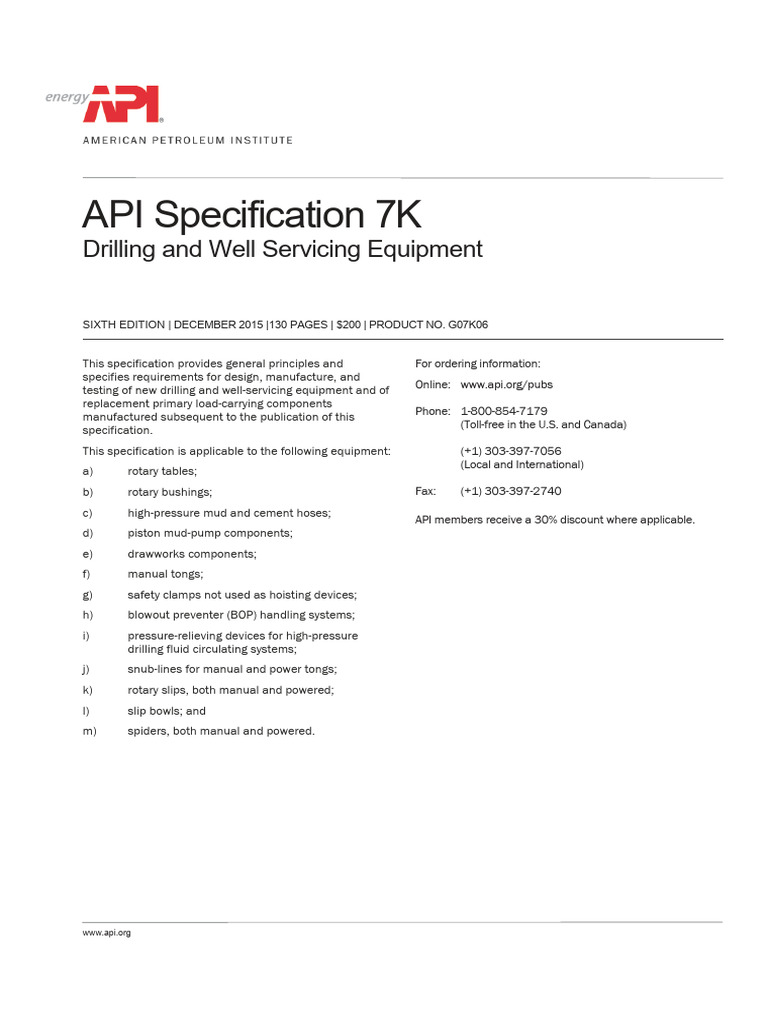 API Spec 7K: Drilling Equipment Standards | PDF | Piston | Mechanical ...