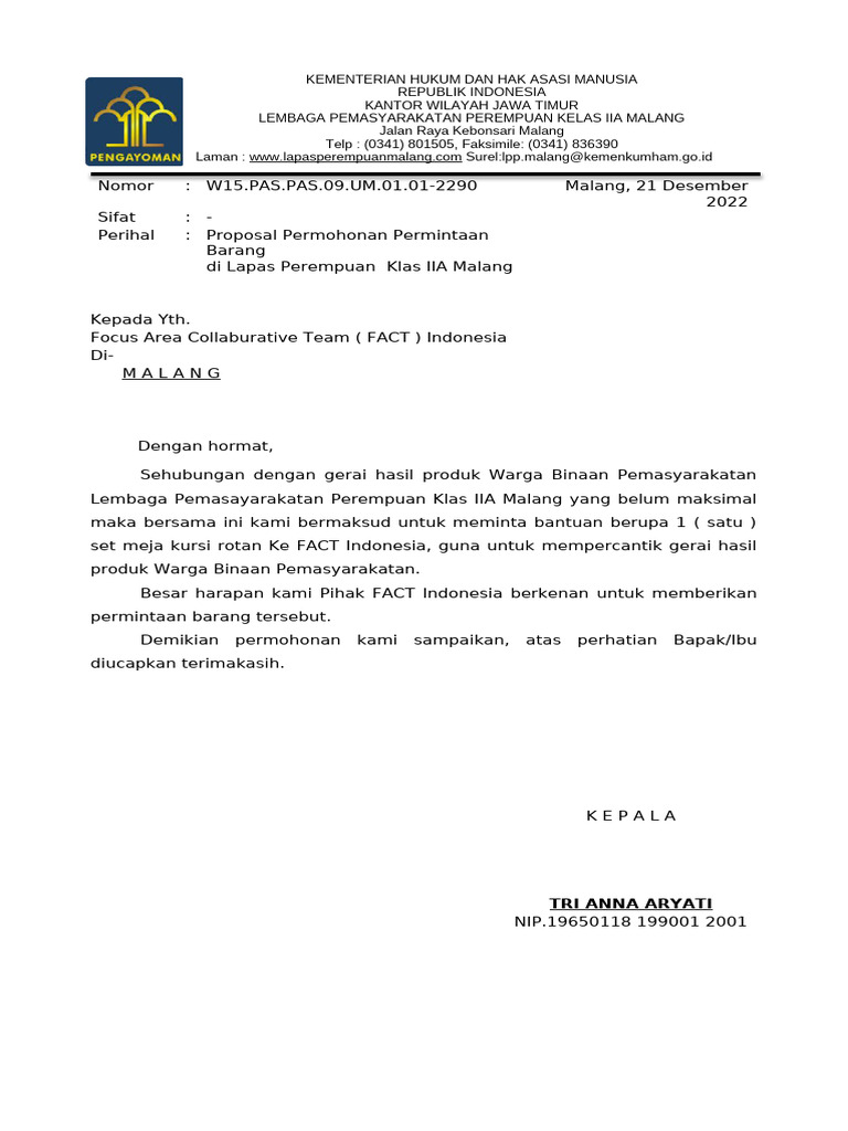 Permohonan Meja Kursi untuk Lapas Malang | PDF