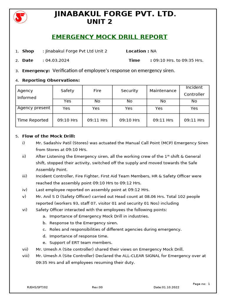 Emergency Mock Drill Report - Jinabakul Forge | PDF | Safety | Public ...