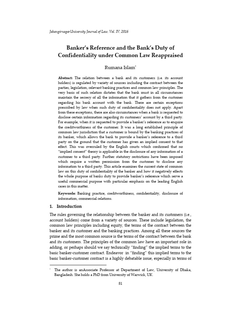 Bank Confidentiality and References Reexamined | PDF | Banks ...