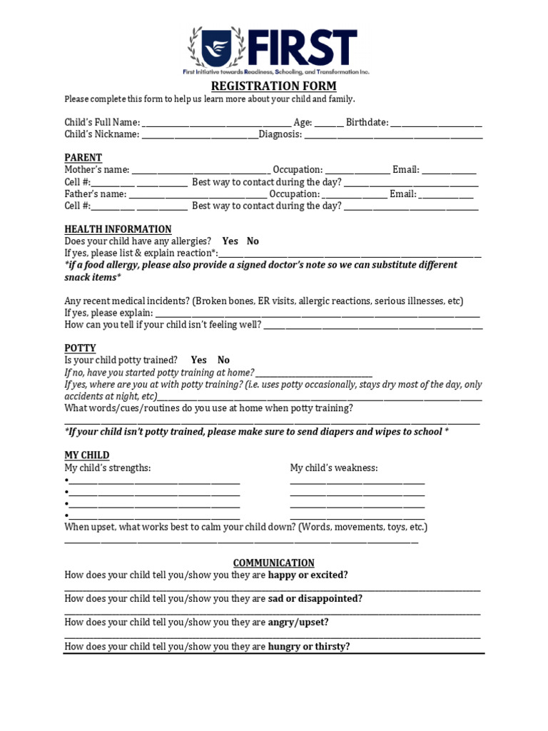 Child Registration and Health Form | PDF | Sleep | Allergy