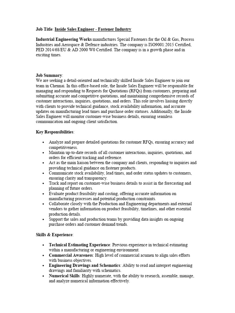 Inside Sales Engineer Job Overview | PDF | Engineering | Customer ...