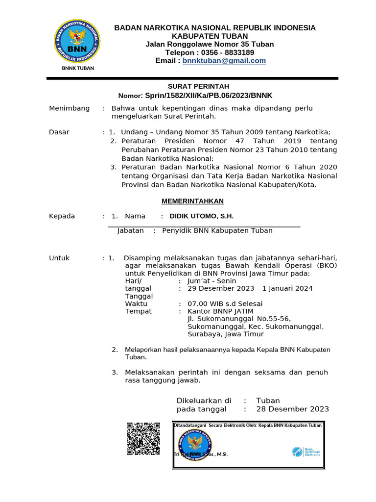Surat Perintah BKO BNN Tuban 2023 | PDF