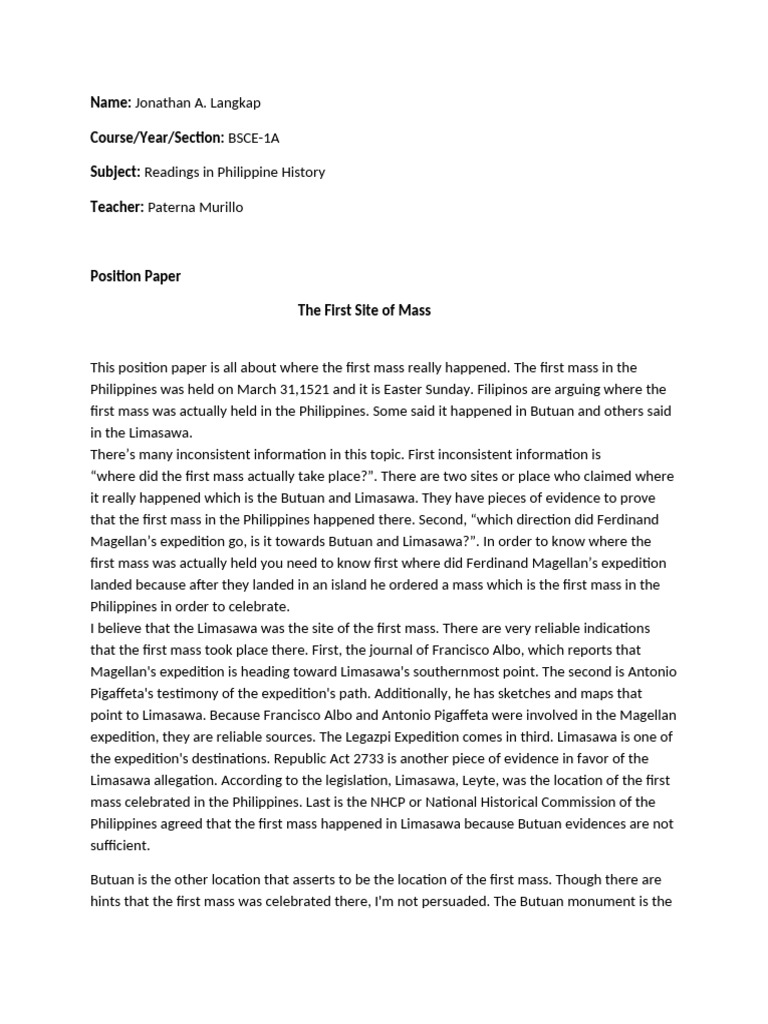 Position Paper-The First Site of Mass | PDF | Social Science | History
