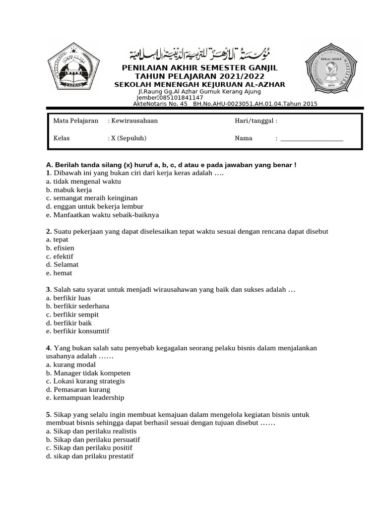 Penilaian Kewirausahaan SMK Al-Azhar | PDF | Seni