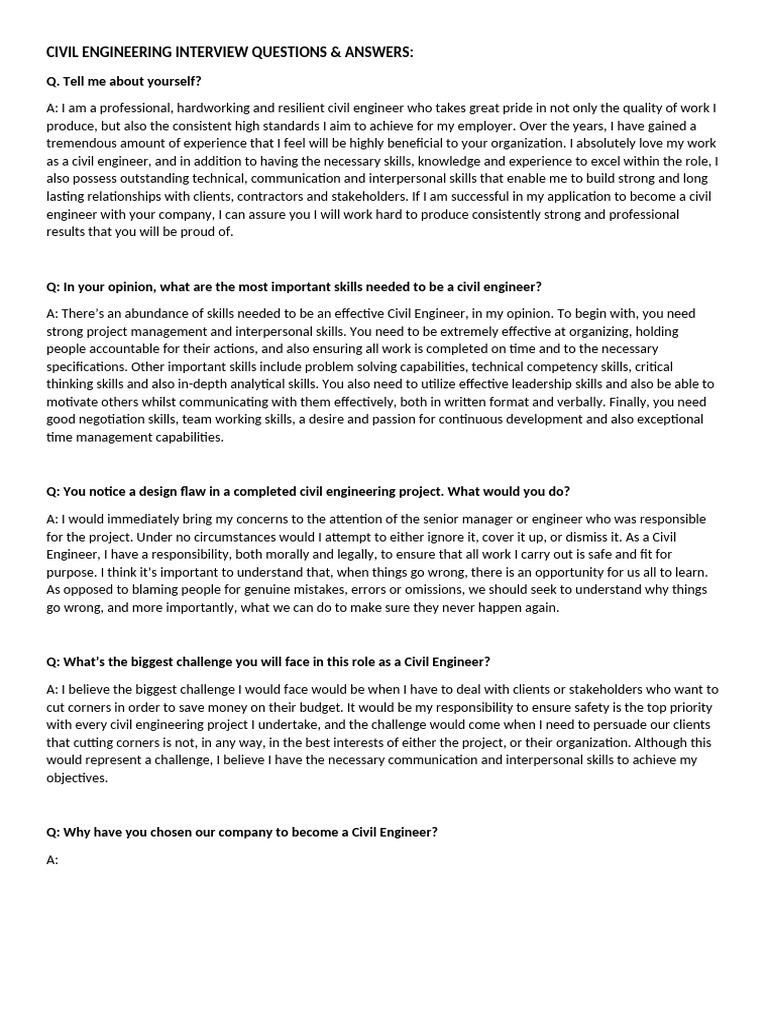 COMMON CIVIL ENGINEERING INTERVIEW QUESTIONS intelligence overview