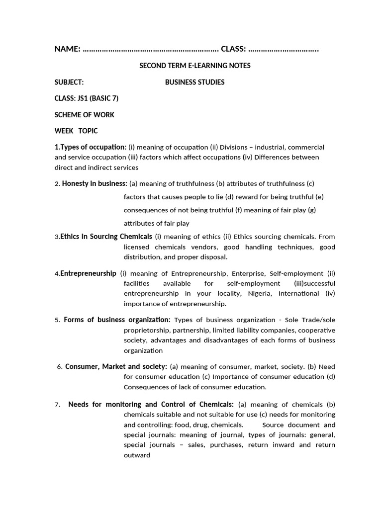 JSS1 Business Studies Second Term Notes | PDF | Partnership ...