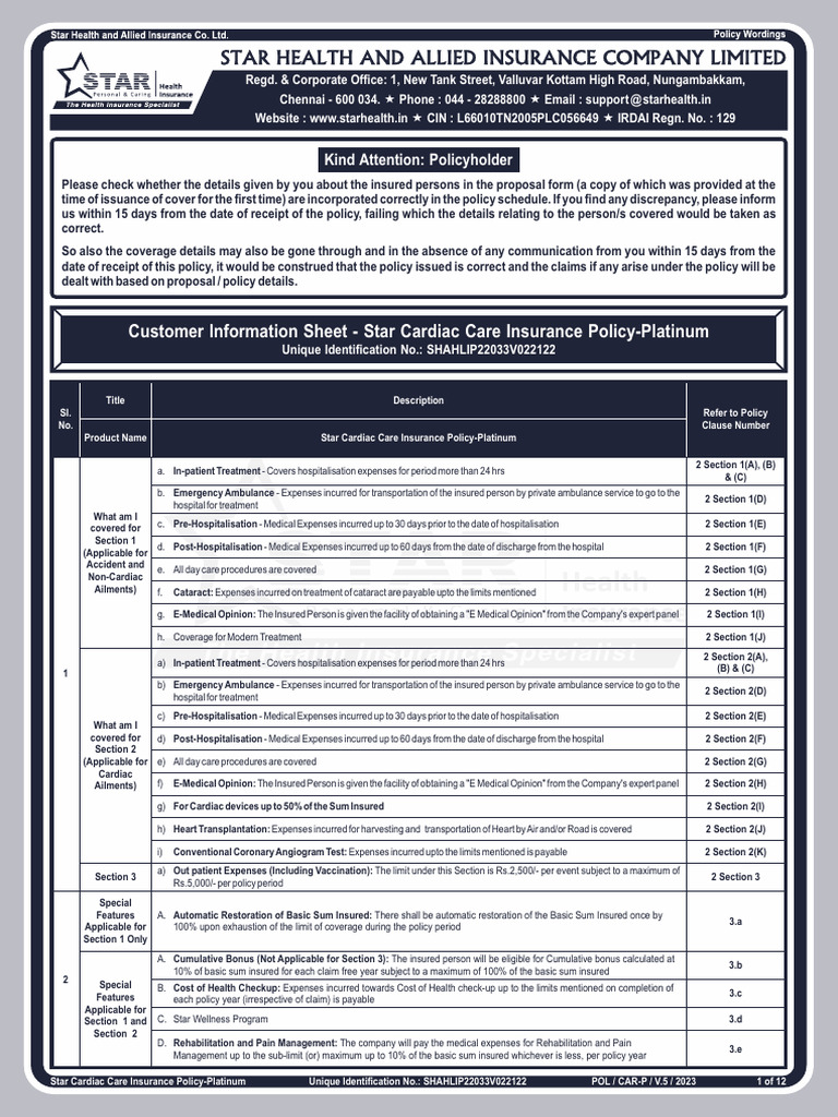 Star Cardiac Care Insurance - Platinum | PDF | Stroke | Intensive Care Unit