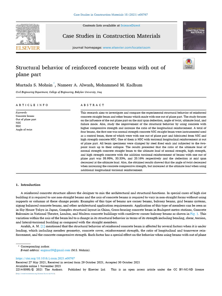 Structural Behavior of Reinforced Concrete Beams With Out of Plane Part ...