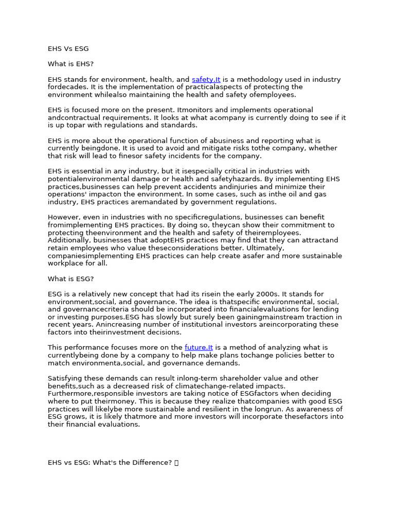 Ehs Vs Esg Basics Pdf Natural Environment Economies