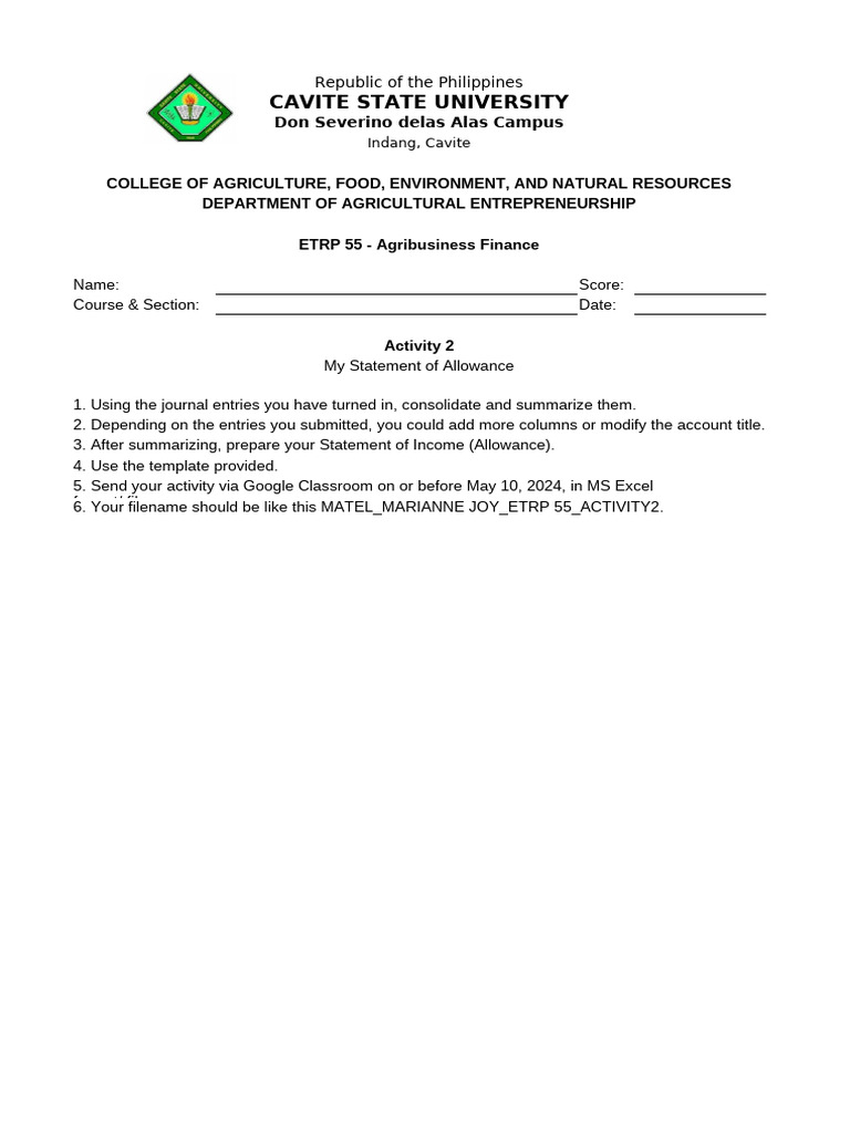 Agribusiness Finance Allowance Statement | PDF