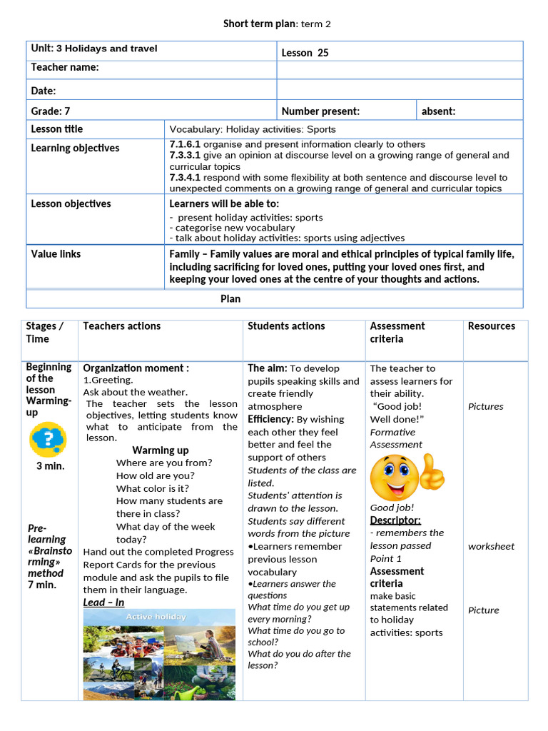 Grade 7 Lesson Plan: Holidays & Sports | PDF | Learning | Vocabulary