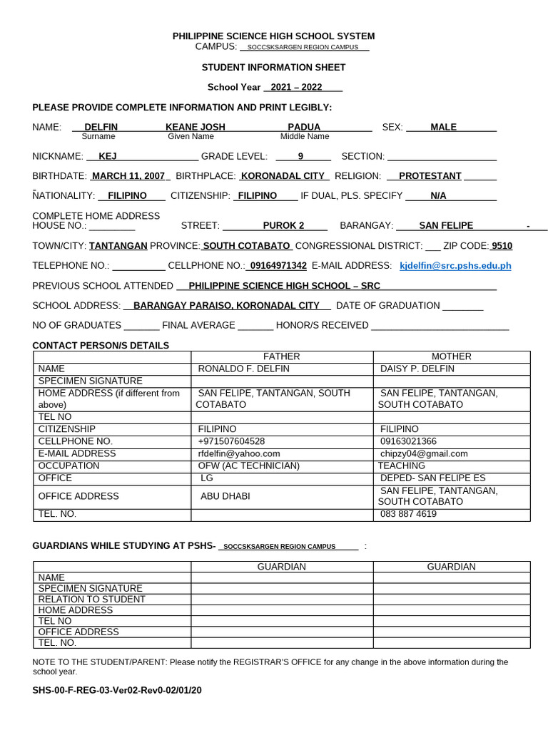PSHS Student Information Sheet 2021-2022 | PDF | Southeast Asia ...