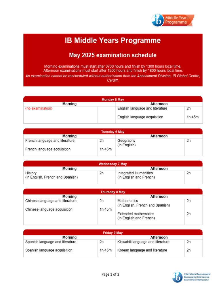 IB MYP May 2025 Exam Schedule | PDF