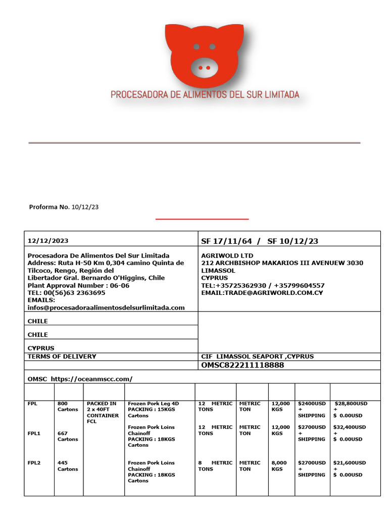 Chilean Food Export Invoice Details | PDF | Pork