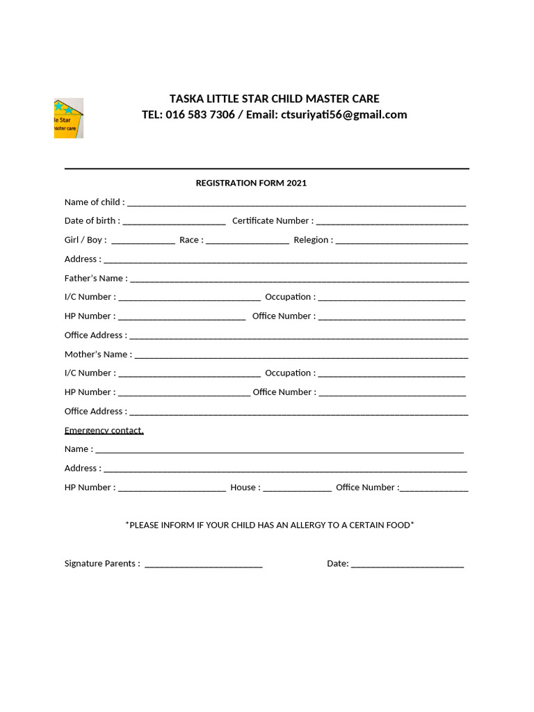2021 Child Registration Form Template | PDF | Social Science | Wellness