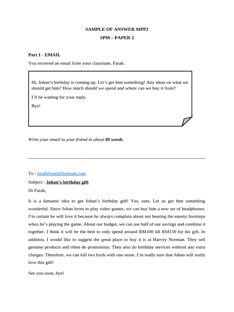 Email Suggesting Johan's Birthday Gift | PDF