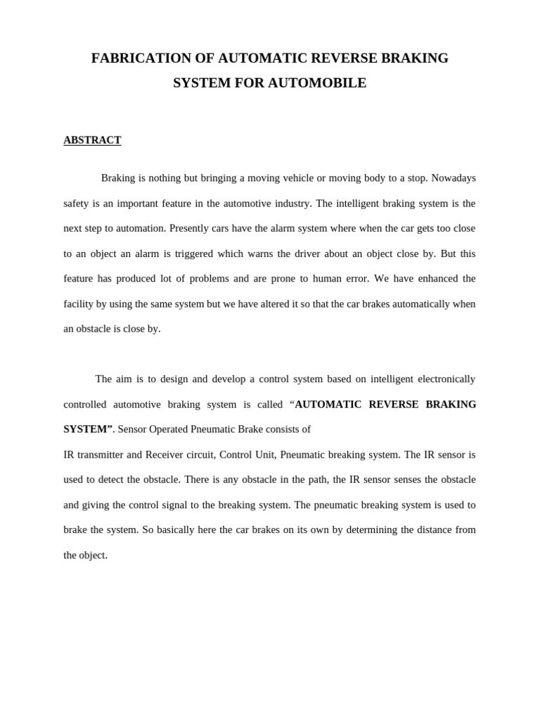 Fabrication Of Automatic Reverse Braking System For Automobile Pdf