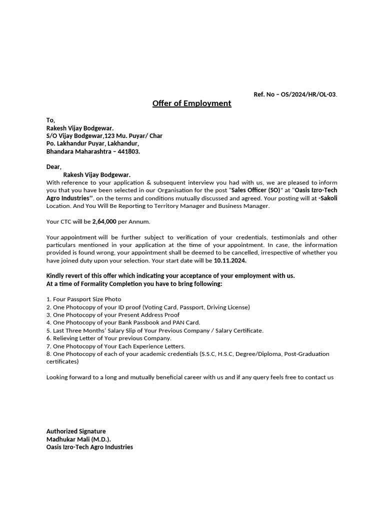 Employment Offer for Sales Officer Position | PDF