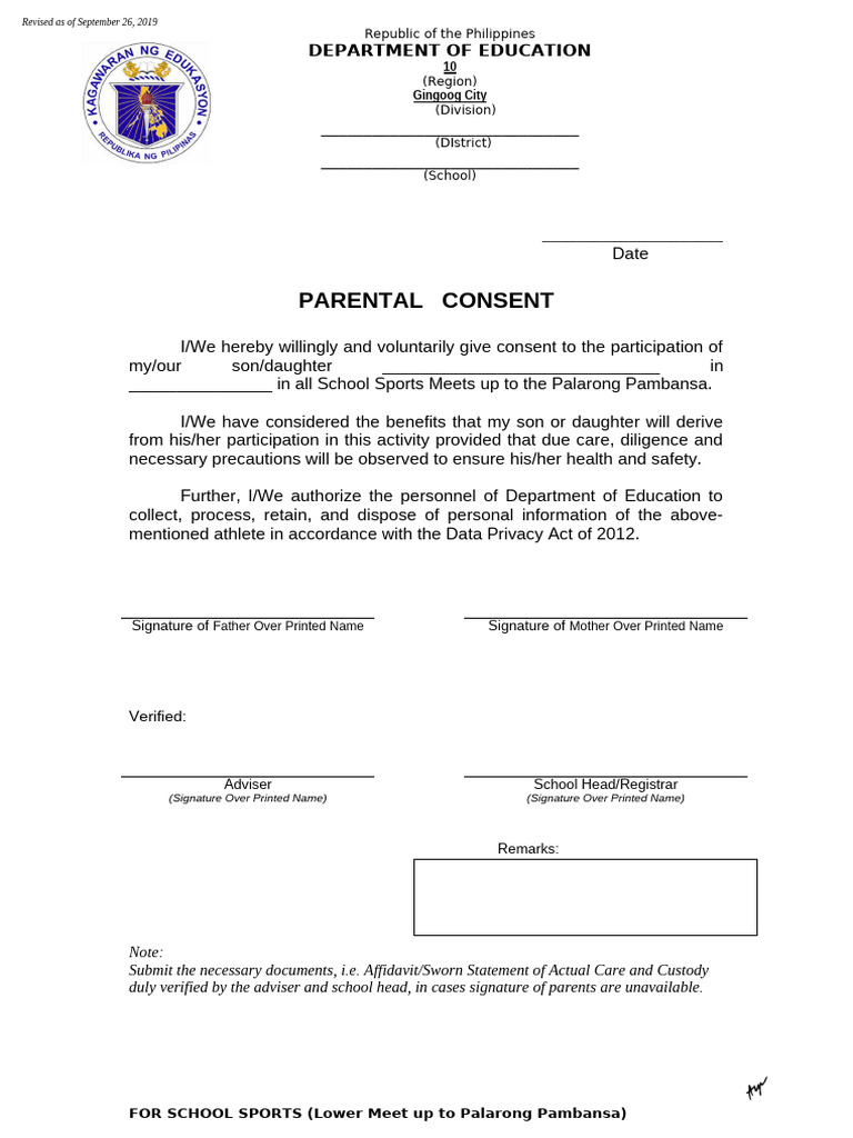 6 Parents Consent For District Meet | PDF