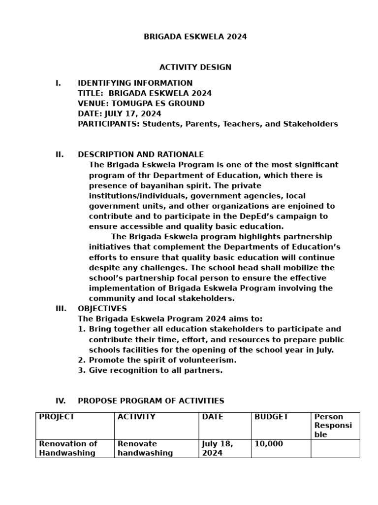Brigada Eskwela 2024 Activity Plan | PDF