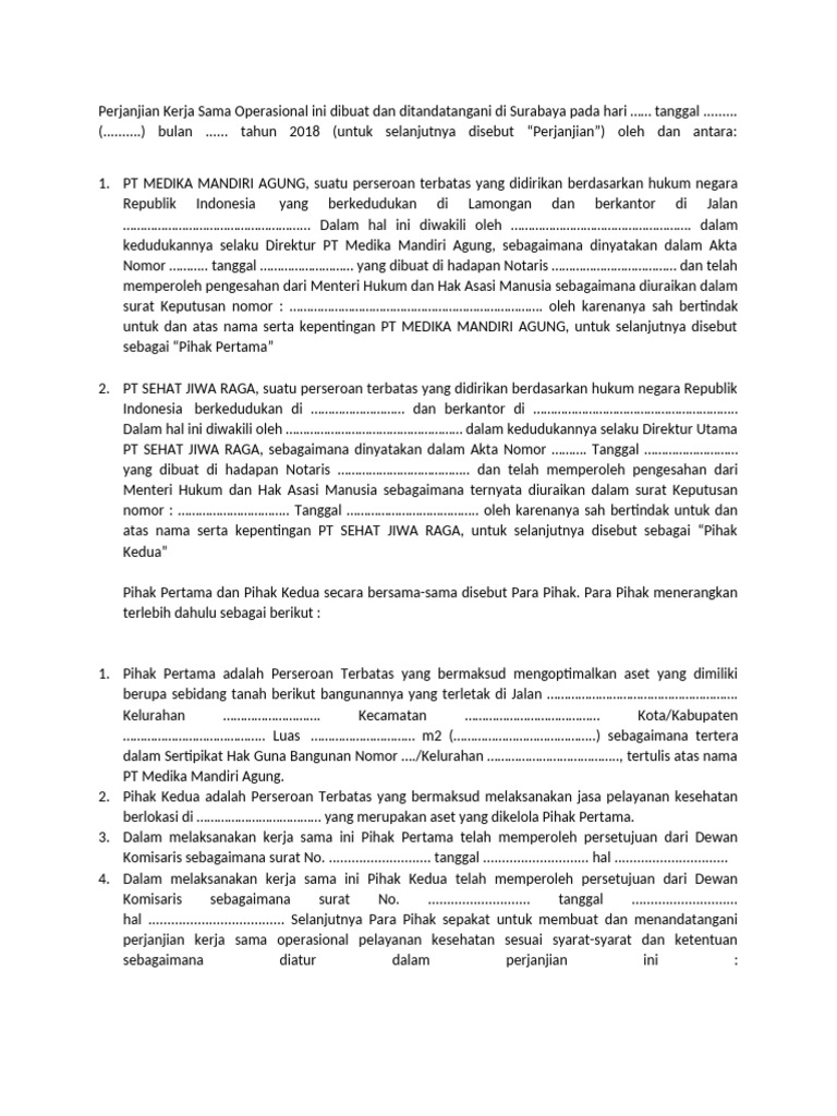 Contoh Surat Perjanjian KSO Kesehatan | PDF