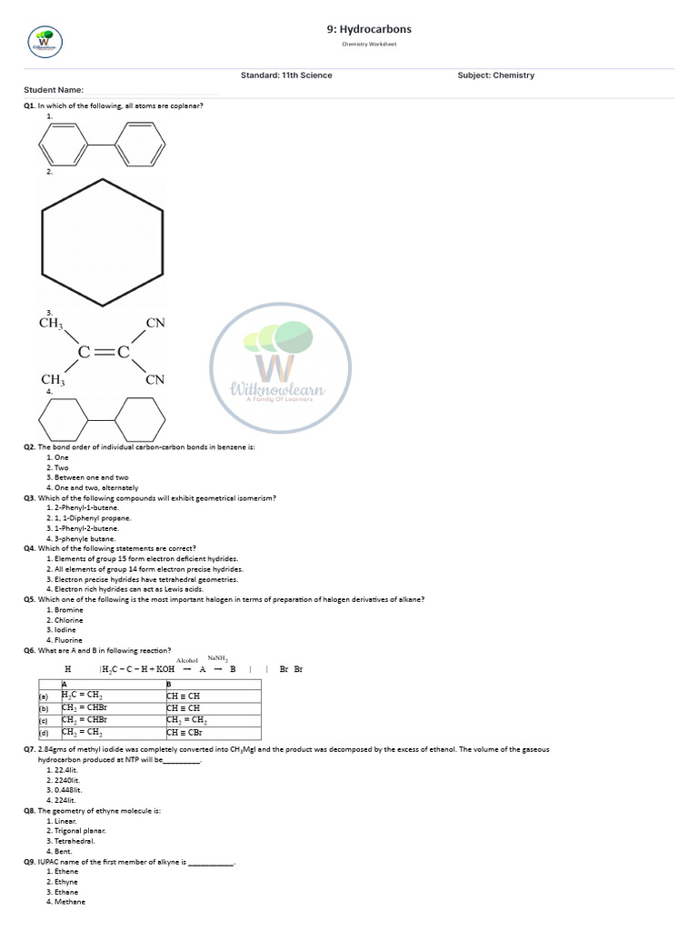 Class 11 Hydrocarbon MCQs and Concepts | PDF | Alkene | Alkane