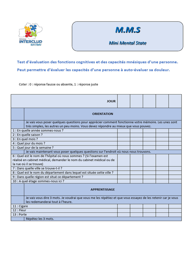 Test MMS : Évaluation cognitive rapide | PDF | Mémoire | Psychologie