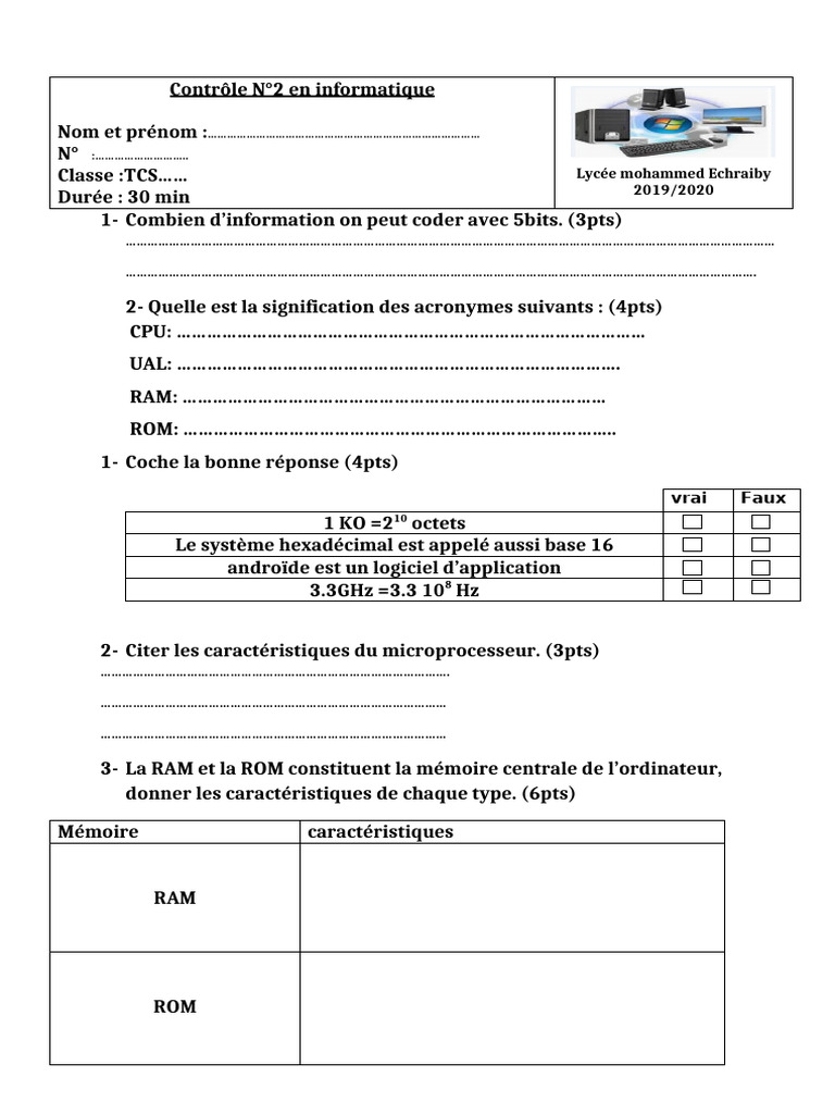 Contrôle Informatique TCS 2019/2020 | PDF | Informatique | Logiciel
