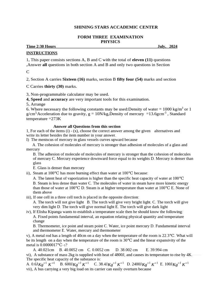 Form Three Physics Exam 2024 Guide | PDF | Mechanical Engineering ...